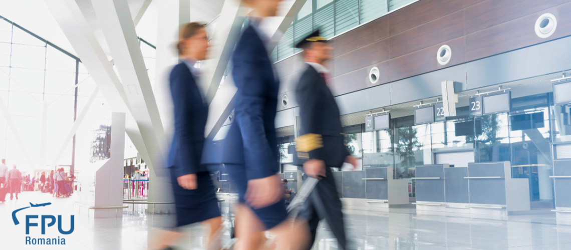 Crew members rushing through the terminal.